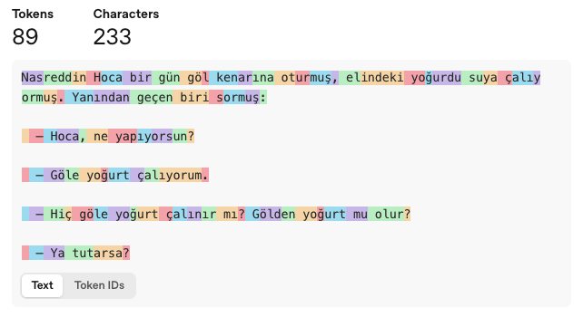 Nasreddin Hoca fıkrasının Türkçe token analizi — 233 karakter, 89 token